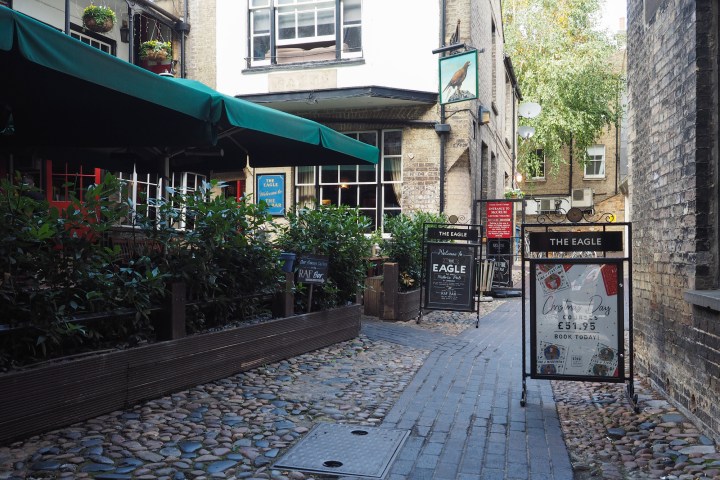Narrow cobblestone alley with pub signs and green awnings, leading to a courtyard.